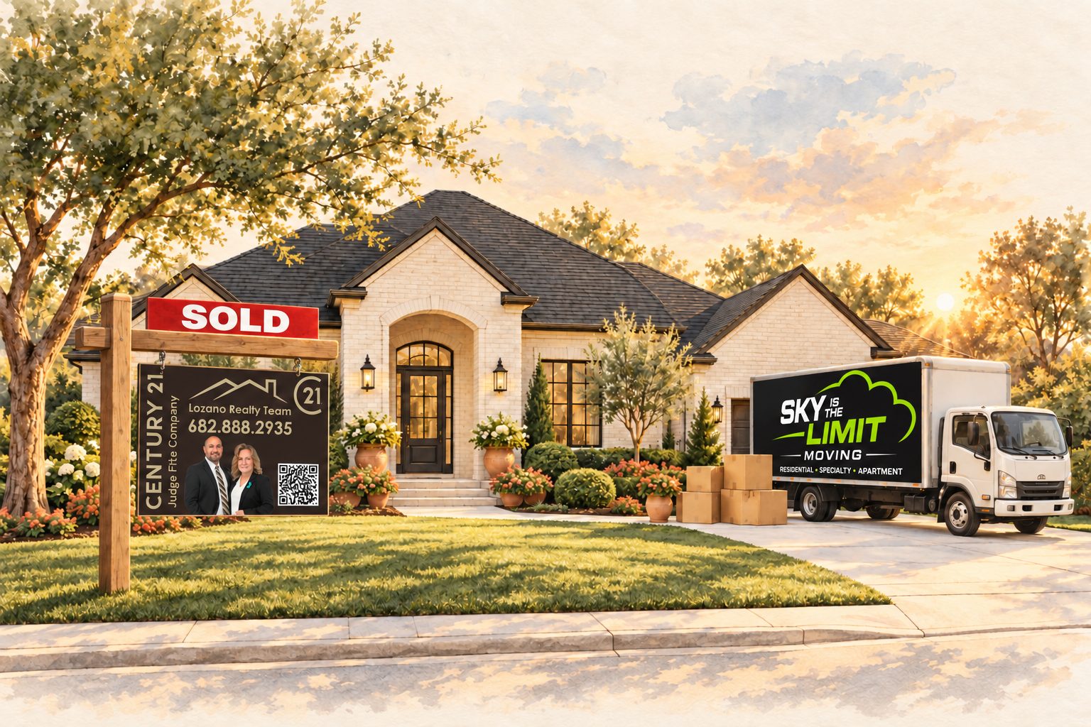 North Texas moving illustration with a Lozano Realty Team SOLD sign and Sky Is The Limit Moving truck